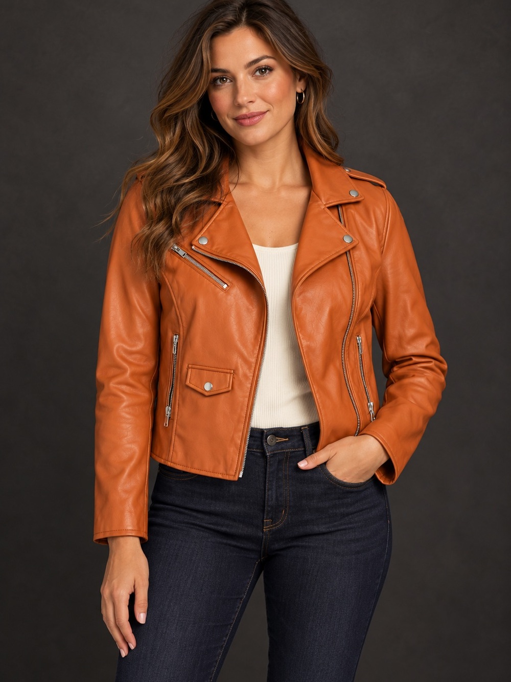 Nine West Cognac Faux Leather Moto Jacket Sz 1X